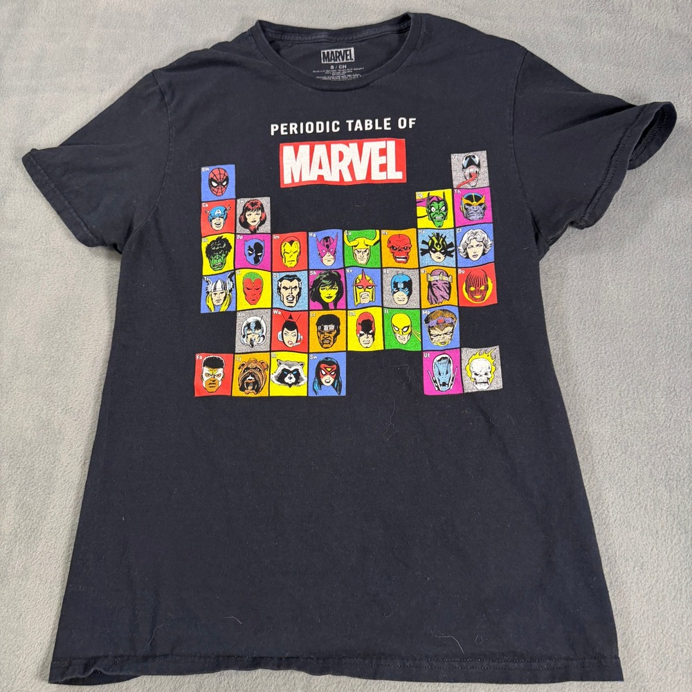 Marvel Periodic Table of Superheroes Graphic T-Shirt Mens Small Black Cotton Tee